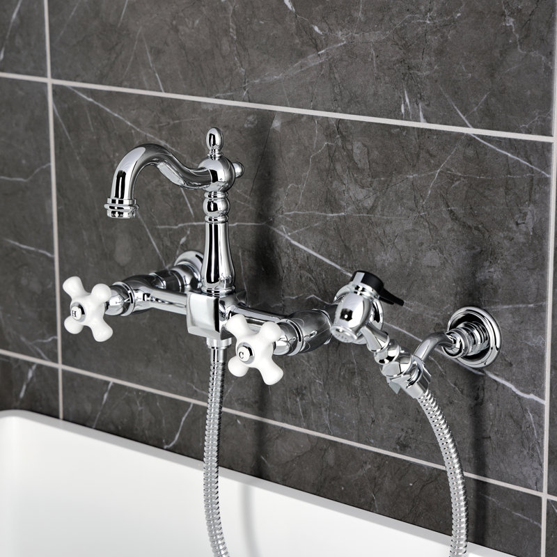 Kingston Brass Heritage Double-Handle 3-Hole Wall-Mount Bridge Kitchen Faucet with Brass Sprayer, Polished Chrome