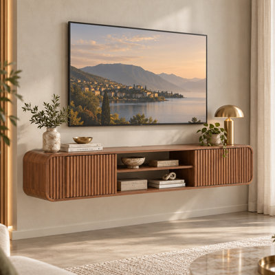 Modern Fluted Floating Wall Mounted TV Stand with Rounded Corners Open Storage and Cable Management for Living Room Bedroom