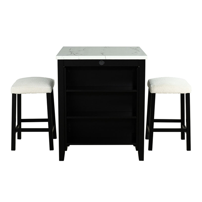 Ensemble de salle à manger 3 pièces avec table rectangulaire, tabourets en tissu et 2 tabourets blancs noirs, table ultrabrillante noir / blanc /