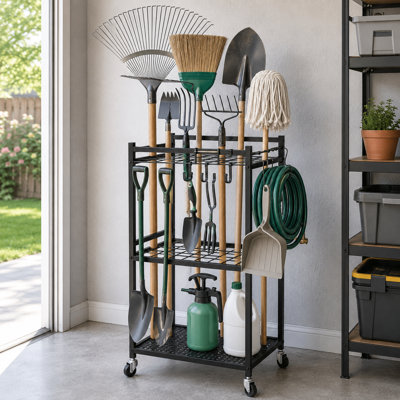 Organisateur de jardin roulant avec roues, support de tour pour le rangement dans le garage, peut contenir jusqu'à 35 outils à long manche avec 3 crochets, métal noir robuste