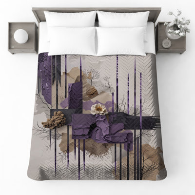 Abstract Purple Collage Quilted Bedspread All Sizes