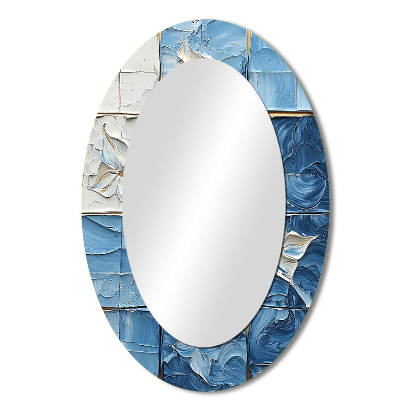 Mosaïque d'inspiration bleue Iznik - grand miroir mural ovale sur métal, 36 po x 24 po