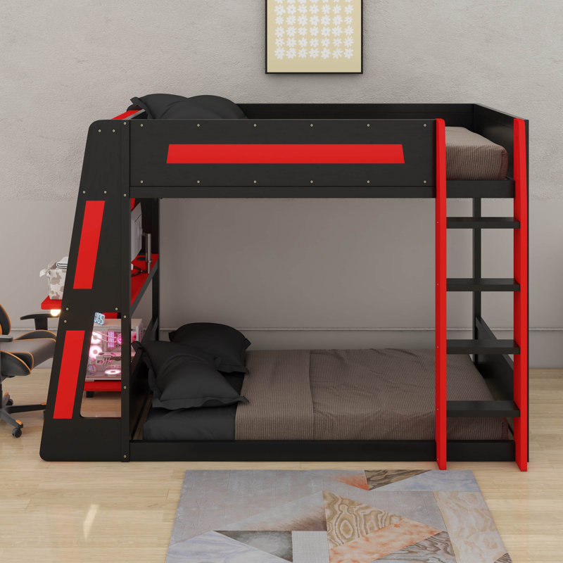 Lit superposé double en bois pleine grandeur avec bureau, USB et DEL, Lit double, Noir / Rouge