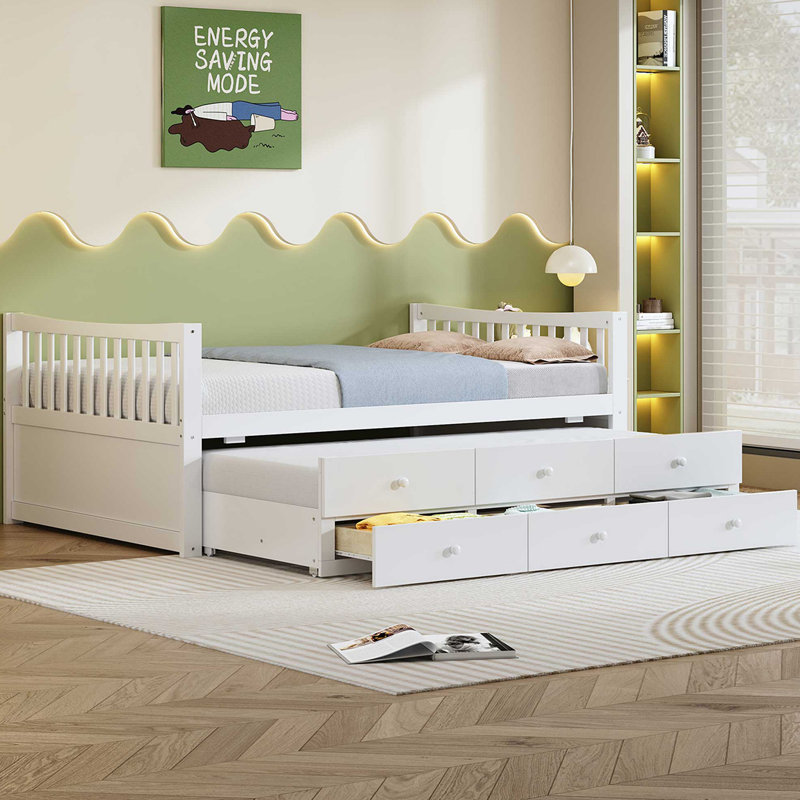 Lit de jour avec couchette et tiroirs, Complet/Double, Blanc