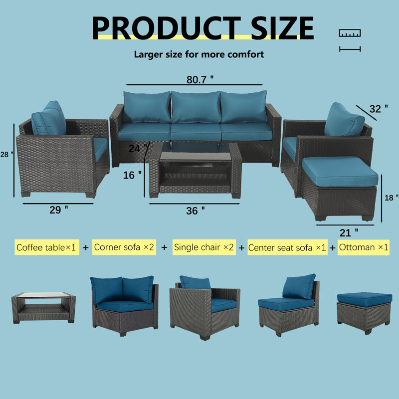 Ensemble modulaire d'extérieur 53 po avec coussins, Bleu paon