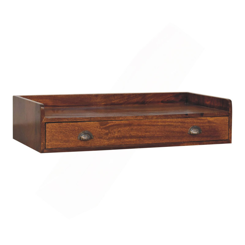 Table de chevet flottante en châtaignier en bois massif, 1 tiroir, 1 fente ouverte, brun foncé