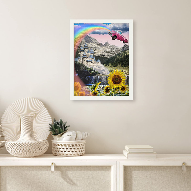 «Comic Book Flying Car Castle Flower» sur papier, Blanc