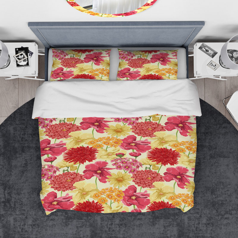 Red, Pink and Yellow Flowers - Floral Flower Duvet Cover Set - Microfiber Polyester, King Duvet Cover + 2 Shams