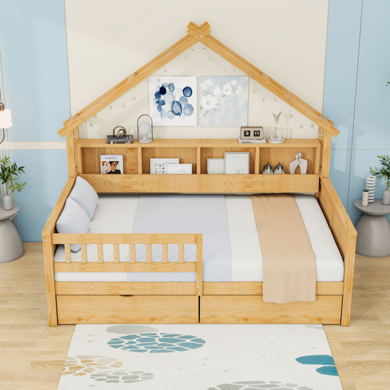 Lit plateforme double en bois avec tiroirs de rangement, tablettes et lumière DEL, Naturel