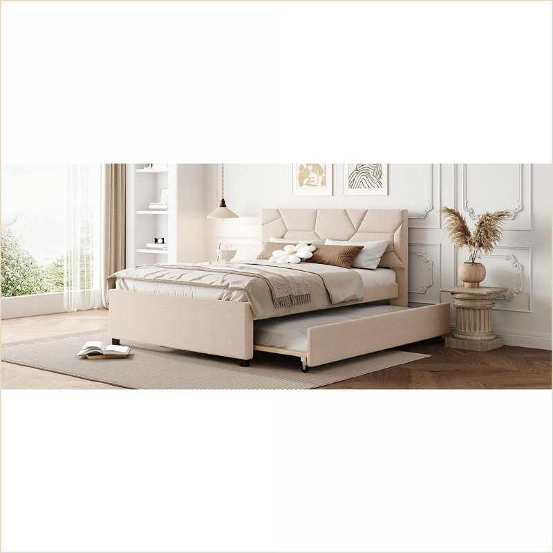 Lit plateforme tapissier pleine grandeur avec lit gigogne simple - Aucun sommier requis, tête de lit beige à motif de briques pour la chambre à coucher