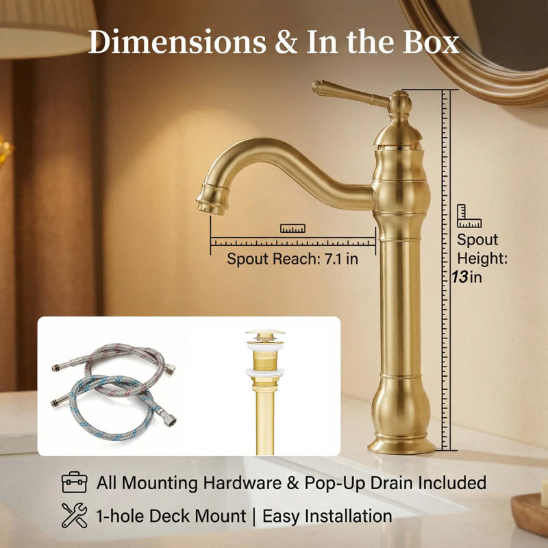 Single-Handle Single Hole Swivel Spout Bathroom Vessel Sink Faucet With Pop-Up Drain Assembly, Brushed Gold
