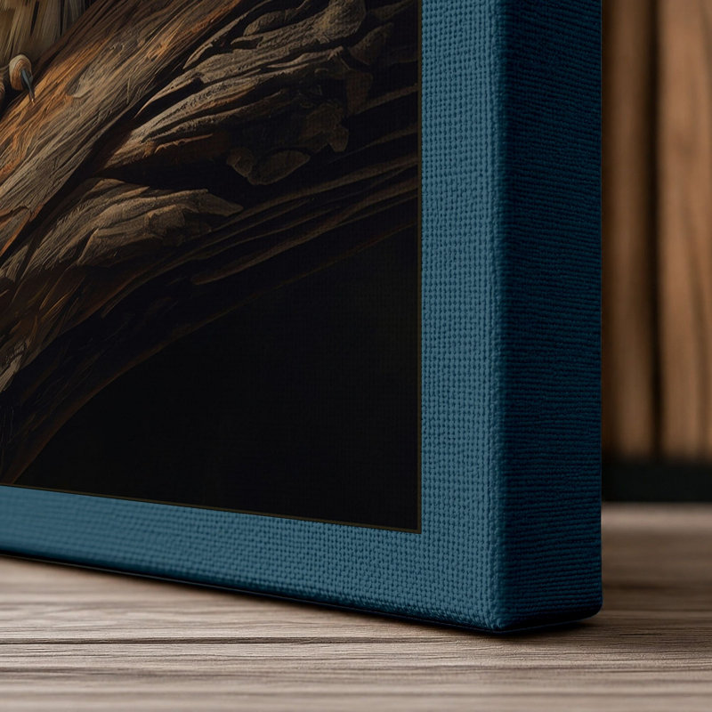 Tawny Owl Perched Japandi 1 Piece Wrapped Canvas Wall Art, 24x16 - 61.0 x 40.6 cm, Teal Border