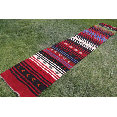 Vintage Turkish Handwoven Kilim Runner Rug with Red Bohemian Pattern for Home Decor