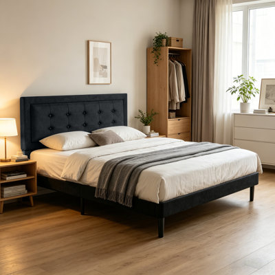 Structure de lit plateforme tapissier avec support en lattes de bois