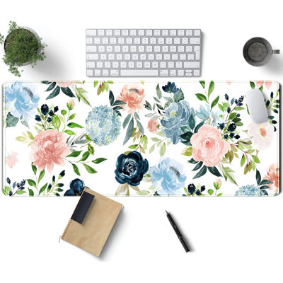 Gaming Green Desk Mat Desk Mouse Pads Purple Blue Pink Floral Mouse Pad Large, XL Big Computer Keyboard Mouse Mat Desk Pad Mat with Stitched Edge for Women Home Office Decor Deskmat, 15.75 x 31.5 inComes with a pure white mug as a gift
