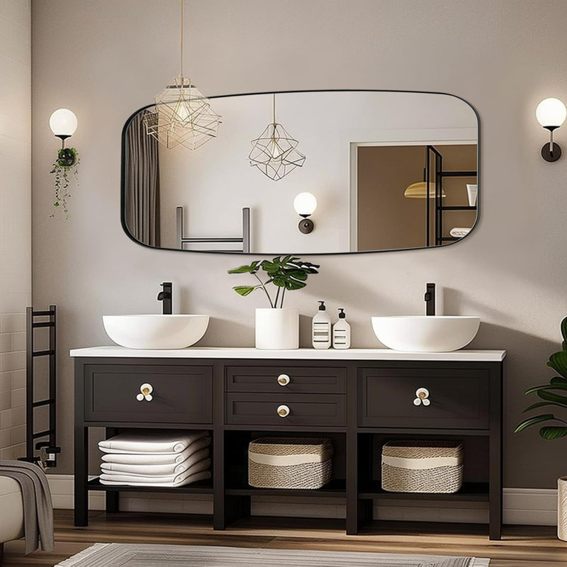 Modern Oblong Oval Bathroom Vanity Mirror | Stainless Steel Frame, Matte Black, 48" x 24"
