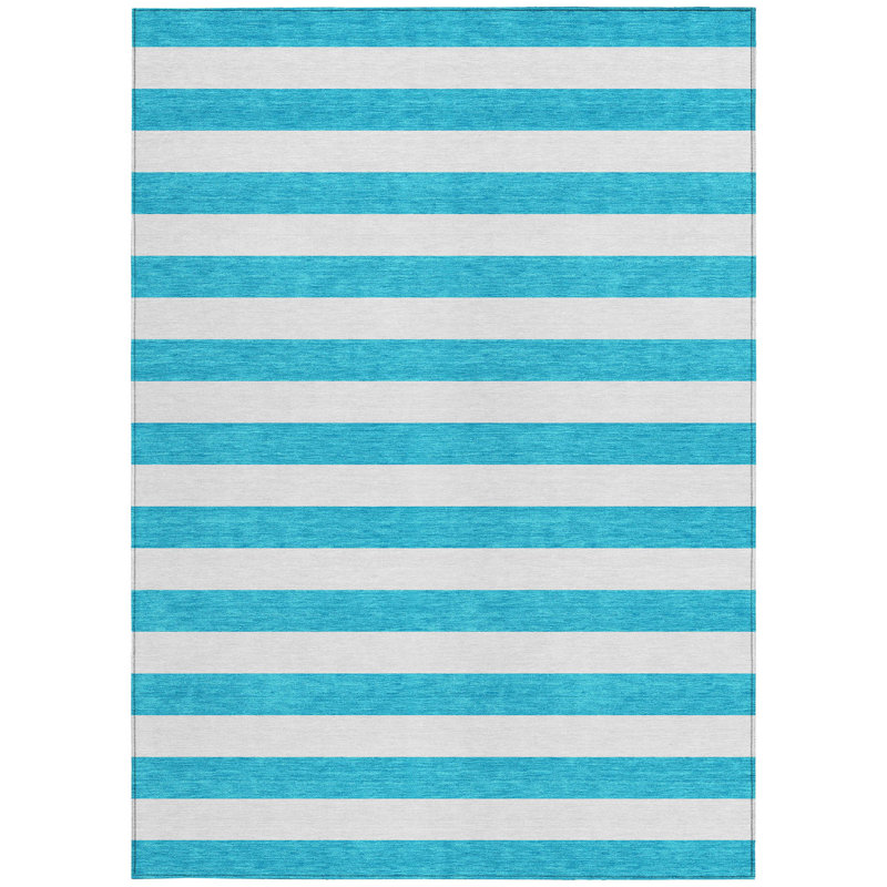 Teal and White Striped Washable Indoor Outdoor Area Rug, Rectangle 5' x 8'