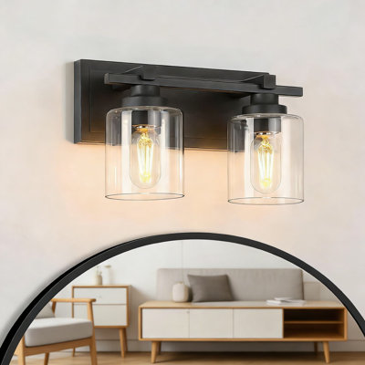 Modern 2-Light Bathroom Vanity Fixture With Clear Glass Shades, Black Wall Sconce For Over Mirror Installation, E26 Socket (Bulbs Not Included)