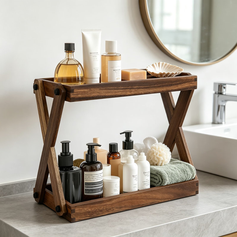 Organisateur de tablette de comptoir en bois, support de rangement en bois à deux niveaux pour accessoires de bar à café, organisateur de support à épices de cuisine, chariot à condiments pour la maison, le bureau et le comptoir de salle de bain