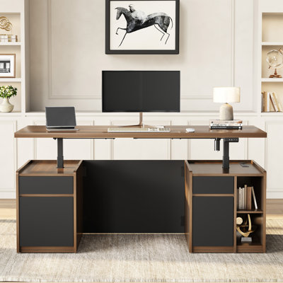 71"W - Electric Height Adjustable Standing Desk Modern Executive Office Desk With Privacy Panel, Charging Station, 3 Drawers, Adjustable Shelves And A by Latitude Run