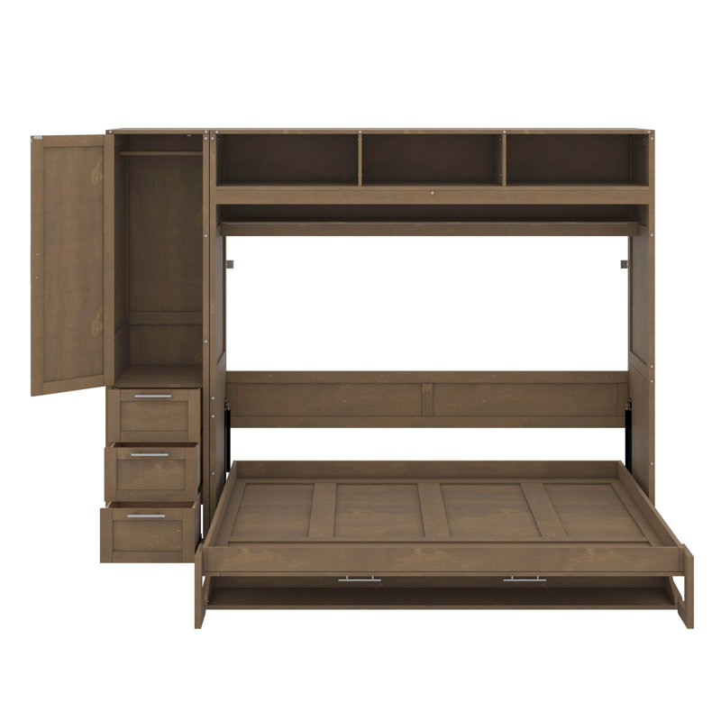 Lit escamotable double avec garde-robe, tiroirs et tablettes ouvertes
