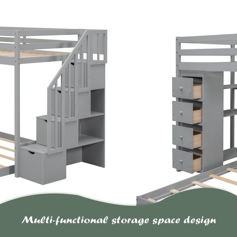 Twin Over Full Bunk Bed With 3-Layer Shelves, Drawers And Storage Stairs, Gray