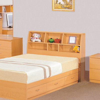 Bookcase Headboard Full Size Free Standing With Dust Panel Two Shelves With Five Divided Cubbies Beech Color