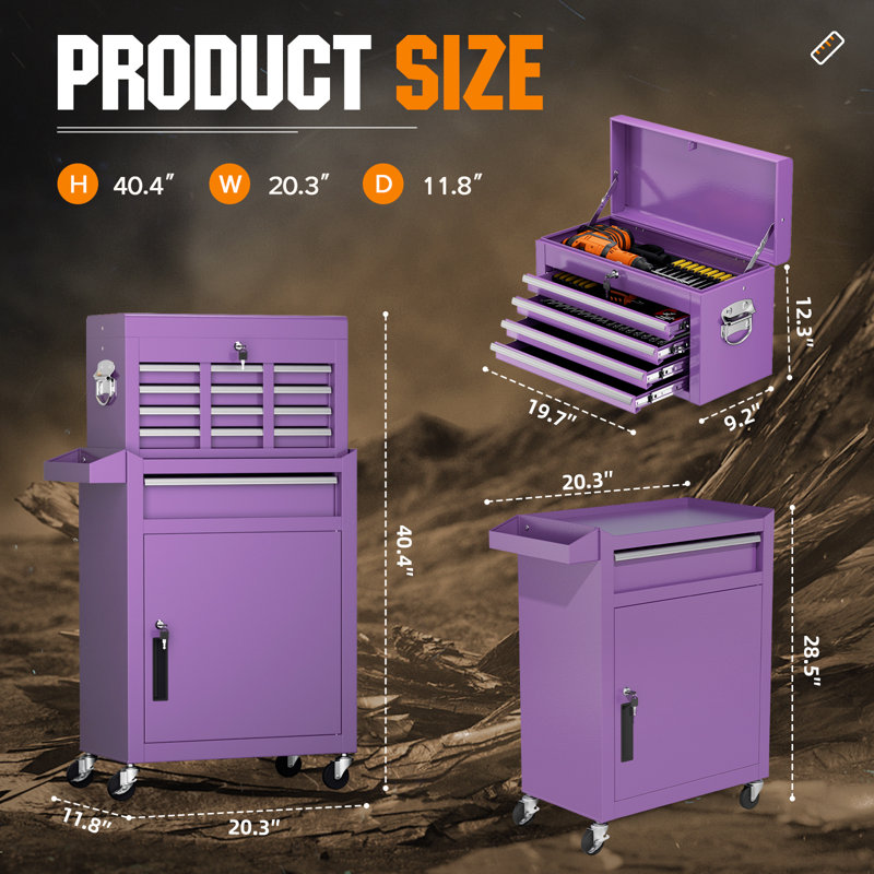5 Drawers Rolling Tool Chest , 2-in-1 Detachable Metal Tool Cabinet with Lockable Wheels, Purple