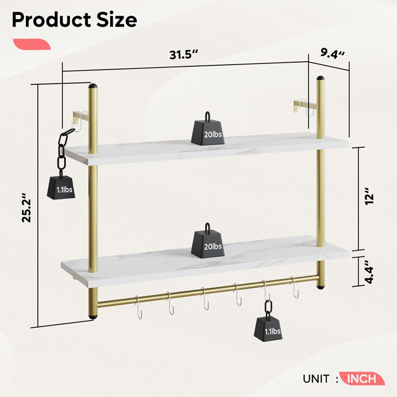 Floating Shelf With Towel Bar And Hooks - Industrial Wall-Mounted Storage Shelf For Kitchen, Bathroom, Living Room - Sturdy Wrought Iron And Particle Board Design