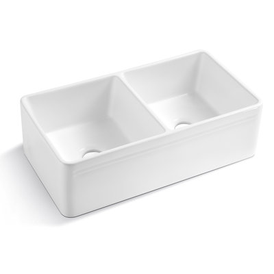 Ceramic Double Bowl Apron Sink - White, Undermount, Rustproof, 33"X18"X10", 93Lb, Color Stable Finish,