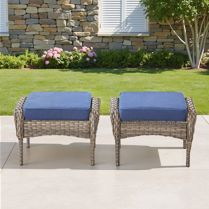 Ensemble de 2 repose-pieds d'extérieur en osier PE avec coussin pour la cour ou la terrasse, Bleu, Marron clair
