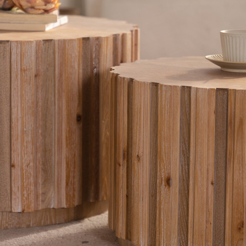 Ensemble de tables basses gigognes rondes avec design à lattes verticales, H 15,75 po x l 47,25 po x P 27,56 po, Bois naturel