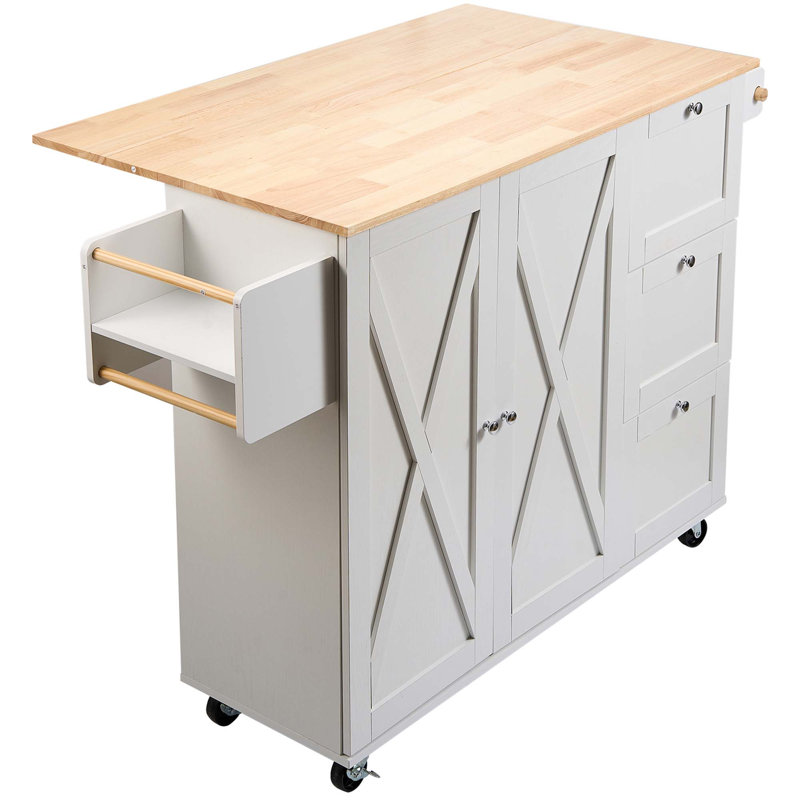 45 Inch Rolling Kitchen Island Cart With Solid Wood Top, Drop Leaf, Storage Cabinet, And Drawer - White Portable Kitchen Table On Wheels With Spice And Towel Racks | Gift Idea
