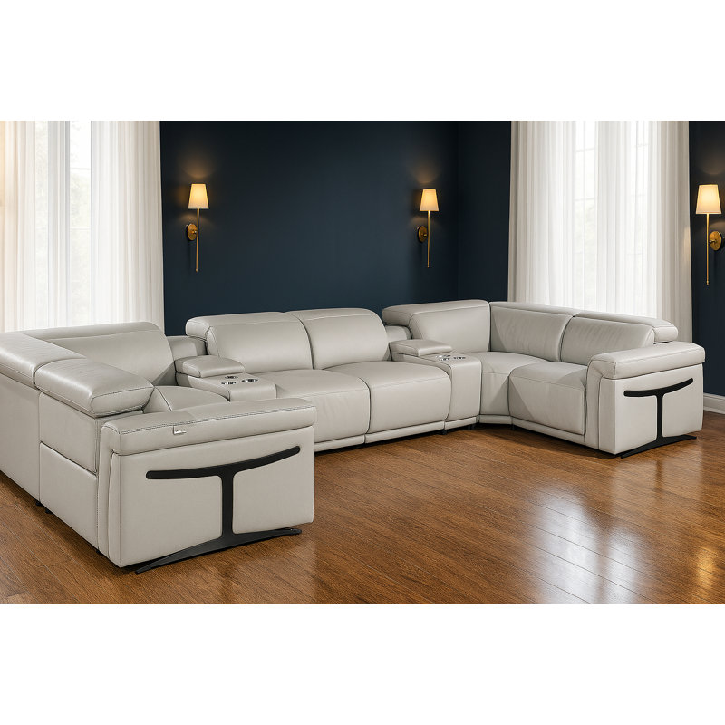 Canapé modulaire en forme de U inclinable électrique en cuir italien clair gris clair avec huit consoles