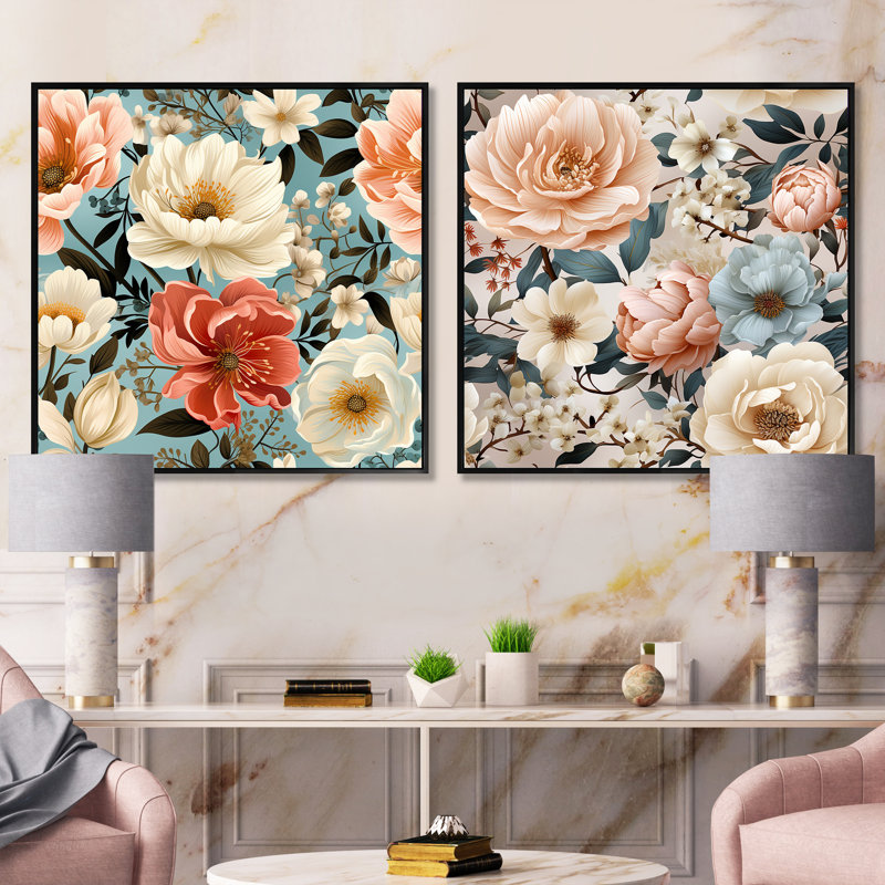 Alessia - Ensemble de 2 collages carrés floraux, Cadre flottant noir, H 16 po x l 33 po