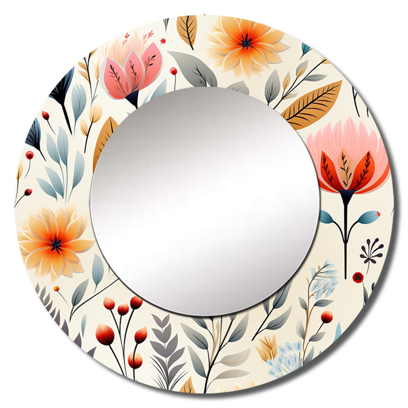 Doux pastels décoratifs de fleurs - miroir mural unique boho, miroir rond rose, impression d'art en métal, 36 po x 36 po