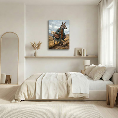 Art sur toile, "Donkey traveller" avec cartes roulées et sac sur la colline Grassy