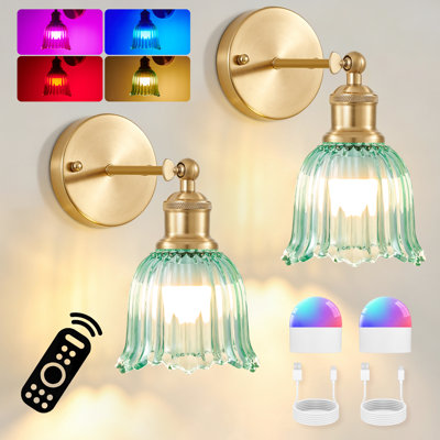 Ensemble de 2 appliques murales sans fil à piles avec ampoules DEL rechargeables et télécommande, éclairage RVB à intensité variable et abat-jour en verre tulipe