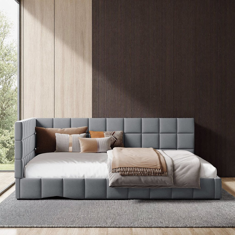 Structure de canapé-lit double en velours pleine grandeur de style moderne Mid-Century beige, Gris