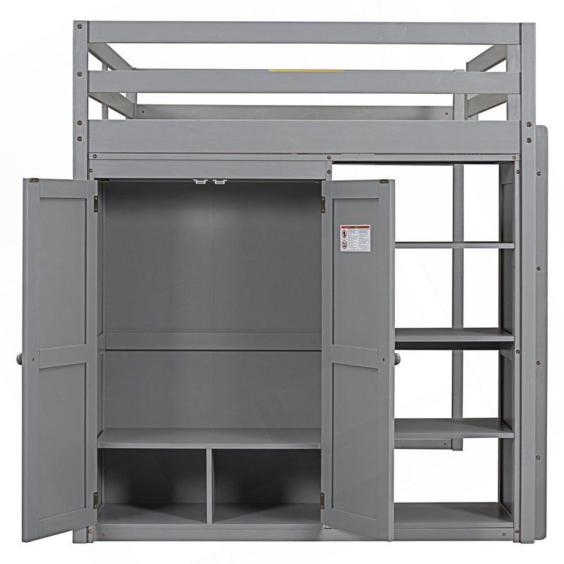 Lit mezzanine double avec garde-robe intégrée et tablettes de rangement, lumière DEL, gris