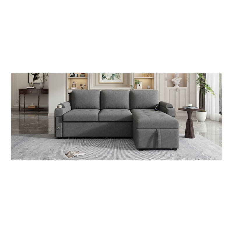 Canapé-lit modulaire en L avec canapé-lit convertible avec amplement d'espace de rangement, deux porte-gobelets et deux ports USB pour le salon