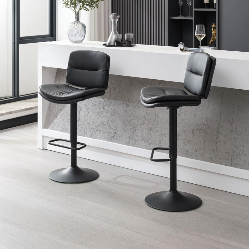 Tabourets de bar pivotants ajustables à double couche rembourrés avec dossier ergonomique (ensemble de 3), Noir, 3