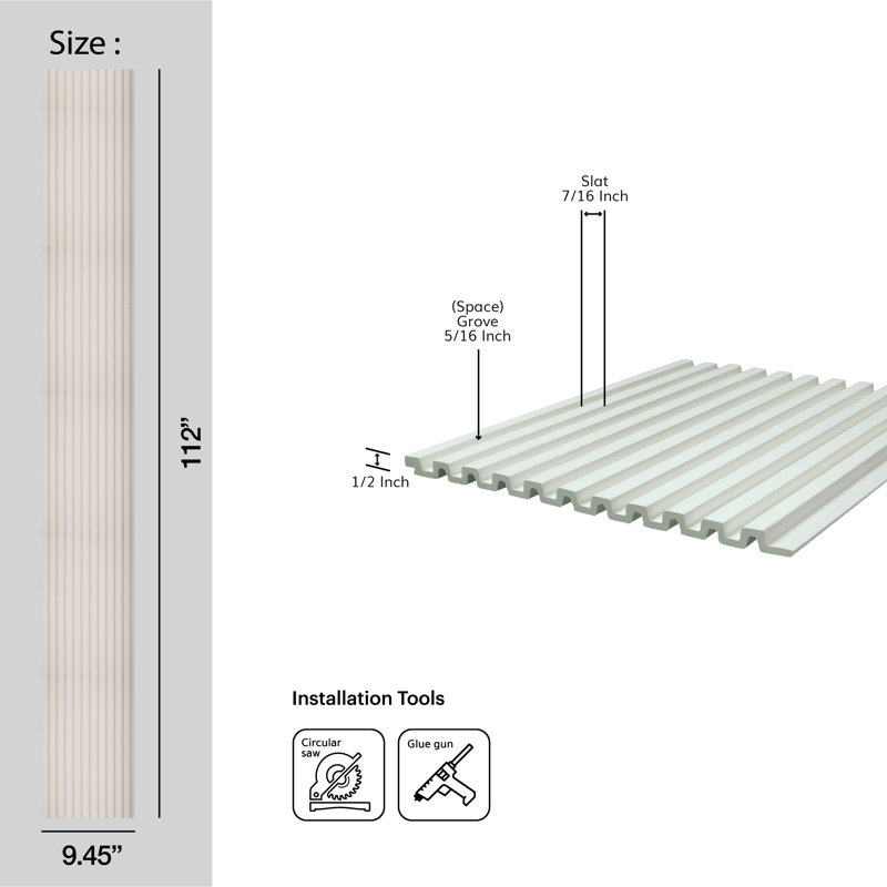 Medium Slats 112" L x 9.5" W x 0.5" D Polystyrene Glue-up Wood Slat Walls 220.5 sq.ft., White