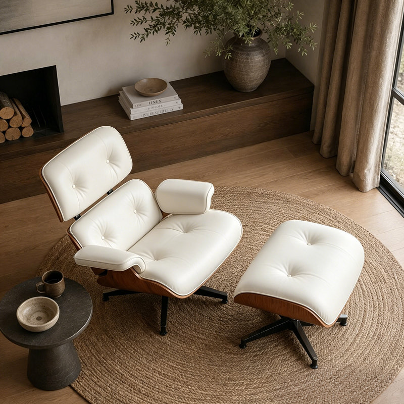Chaise longue pivotante en cuir véritable classique avec repose-pieds pour le salon, fauteuil d'appoint en bois massif