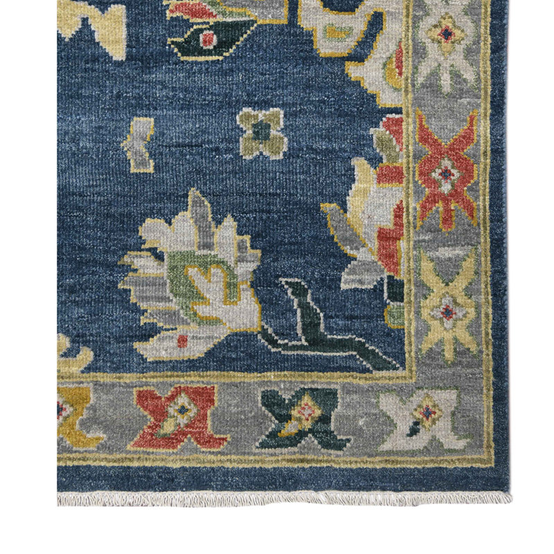 Bristol Hand Knotted Wool Area Rug in Blue; Rust; Grey; Yellow; Ivory, Rectangle 2' x 3'