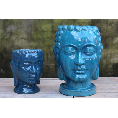 Tête de Bouddha PLANTatorEM moyenne (turquoise tombant) - Céramique cuite à la main