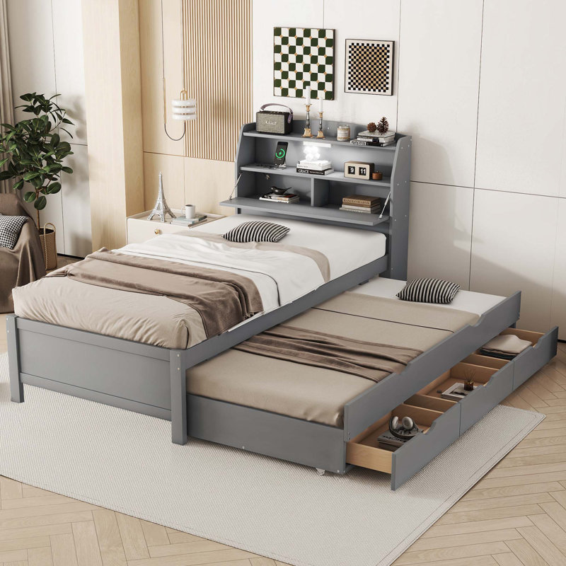 Lit plateforme en bois avec lit gigogne et tête de lit à DEL avec tiroirs, gris