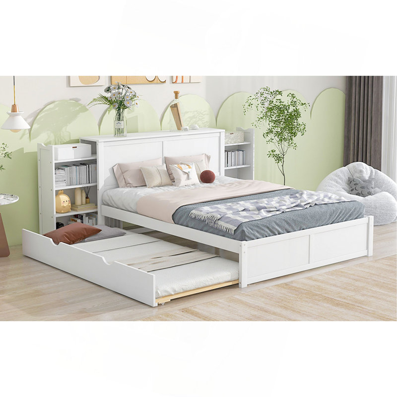 Grand lit plateforme avec rangement et tablettes gigognes TG, blanc