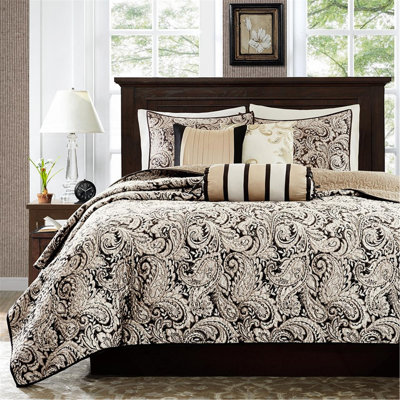 Ensemble de courtepointe luxueuse en jacquard 6 pièces avec coussins décoratifs, literie élégante très grand noir / très grand californien pour un style classique et confortable