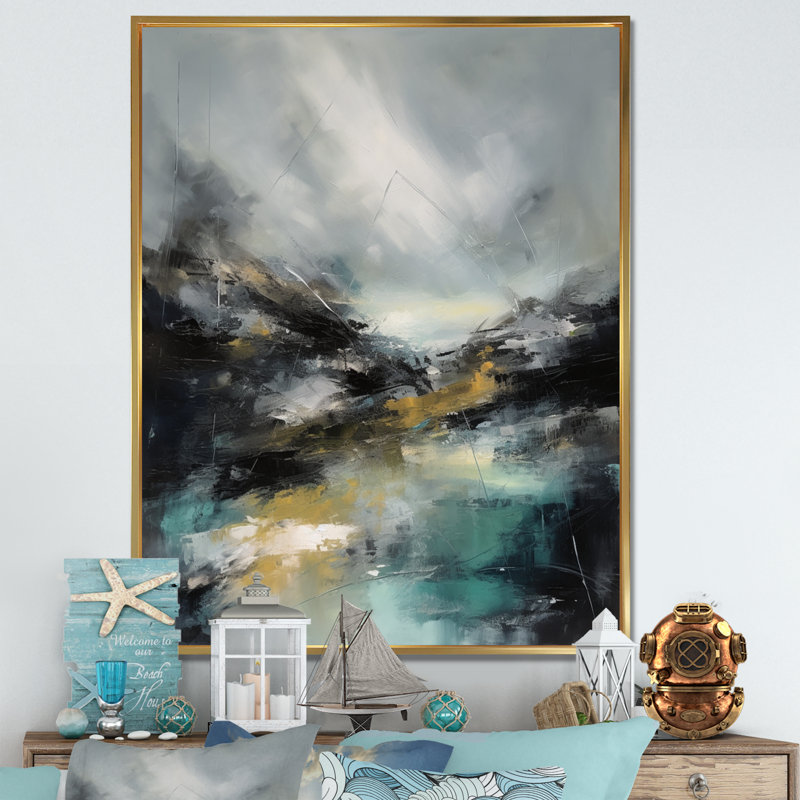 Borrelli paysage marin abstrait III, H 44 po x l 34 po x P 1,5 po, Cadre flottant doré